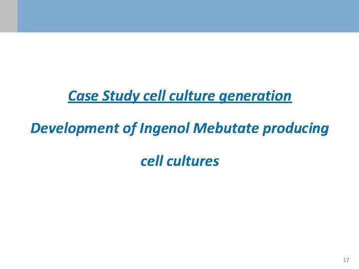 Case Study cell culture generation Development of Ingenol Mebutate producing cell cultures 17 Case Study cell culture generation Development of Ingenol Mebutate producing cell cultures 17