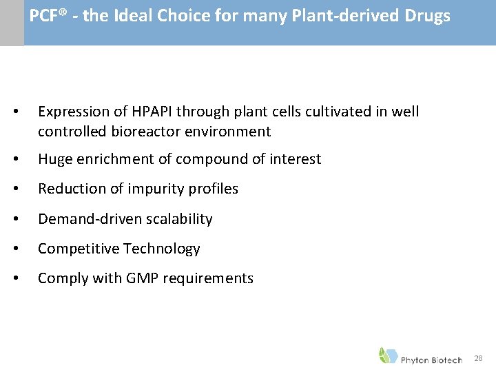 PCF® - the Ideal Choice for many Plant-derived Drugs • Expression of HPAPI through PCF® - the Ideal Choice for many Plant-derived Drugs • Expression of HPAPI through