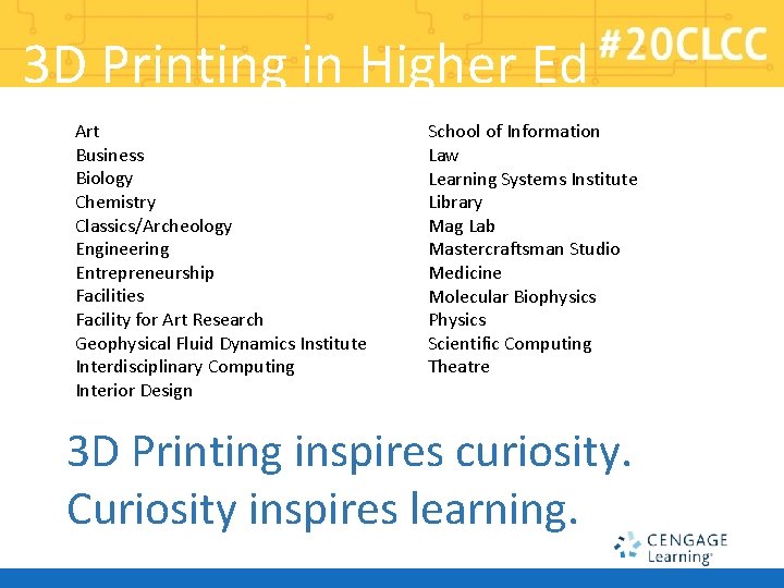 3 D Printing in Higher Ed Art Business Biology Chemistry Classics/Archeology Engineering Entrepreneurship Facilities