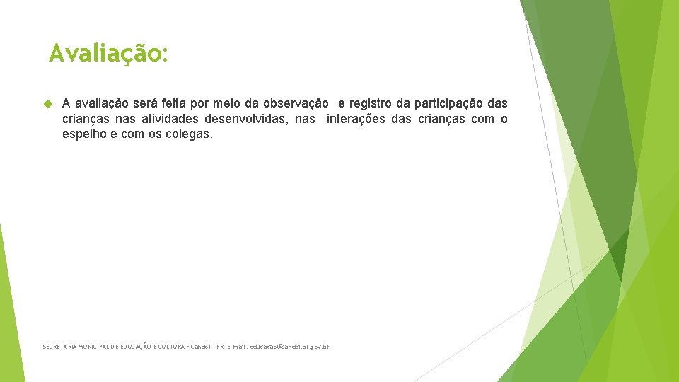Avaliação: A avaliação será feita por meio da observação e registro da participação das