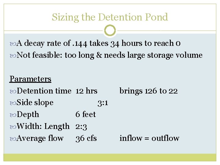 Sizing the Detention Pond A decay rate of. 144 takes 34 hours to reach