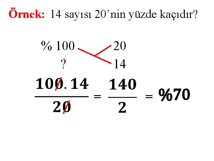 Örnek: 14 sayısı 20’nin yüzde kaçıdır? % 100 ? 20 14 = = %70