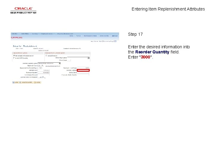 Entering Item Replenishment Attributes Step 17 Enter the desired information into the Reorder Quantity