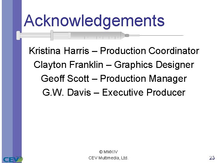Acknowledgements Kristina Harris – Production Coordinator Clayton Franklin – Graphics Designer Geoff Scott –