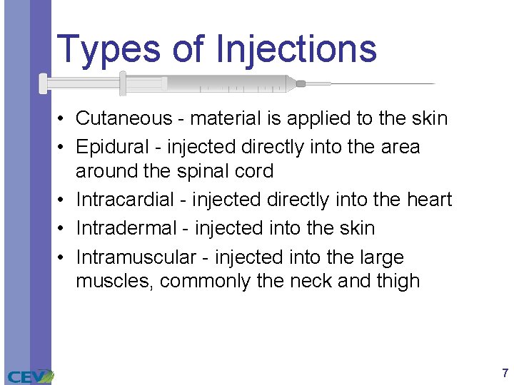 Types of Injections • Cutaneous - material is applied to the skin • Epidural