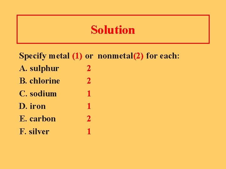 Solution Specify metal (1) A. sulphur B. chlorine C. sodium D. iron E. carbon