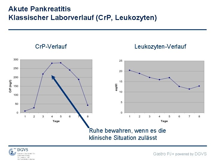 Akute Pankreatitis Klassischer Laborverlauf (Cr. P, Leukozyten) Cr. P-Verlauf Leukozyten-Verlauf Ruhe bewahren, wenn es