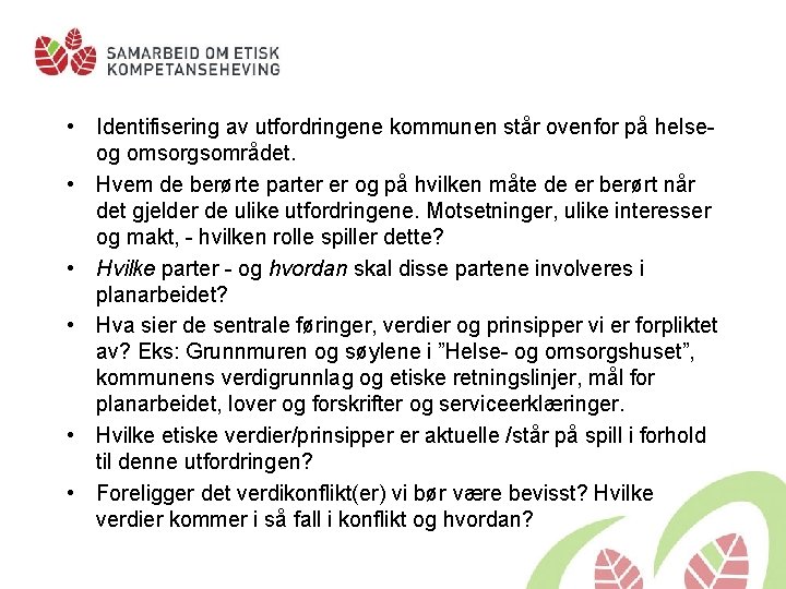  • Identifisering av utfordringene kommunen står ovenfor på helseog omsorgsområdet. • Hvem de