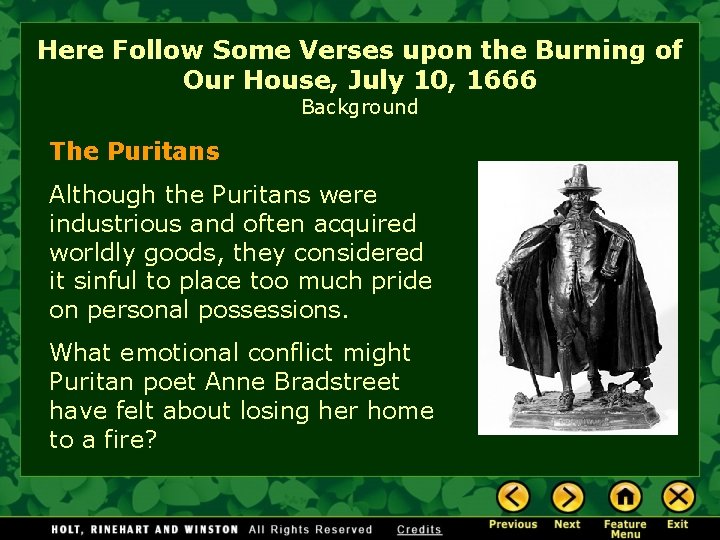 Here Follow Some Verses upon the Burning of Our House, July 10, 1666 Background