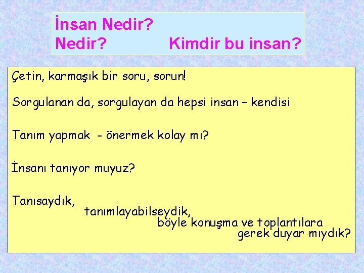 İnsan Nedir? Kimdir bu insan? Çetin, karmaşık bir soru, sorun! Sorgulanan da, sorgulayan da