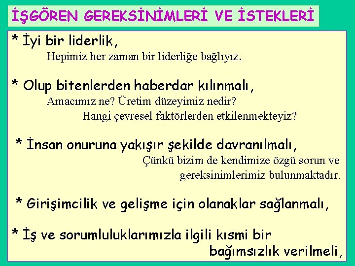 İŞGÖREN GEREKSİNİMLERİ VE İSTEKLERİ * İyi bir liderlik, Hepimiz her zaman bir liderliğe bağlıyız.