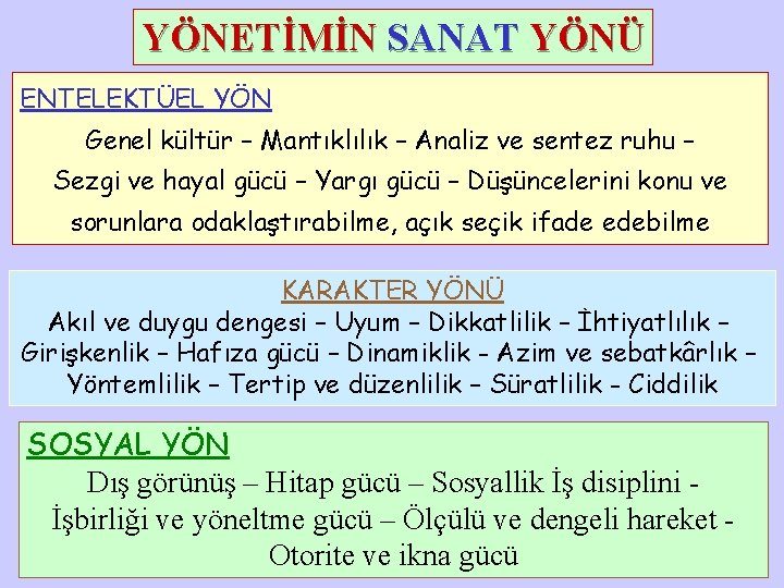 YÖNETİMİN SANAT YÖNÜ ENTELEKTÜEL YÖN Genel kültür – Mantıklılık – Analiz ve sentez ruhu