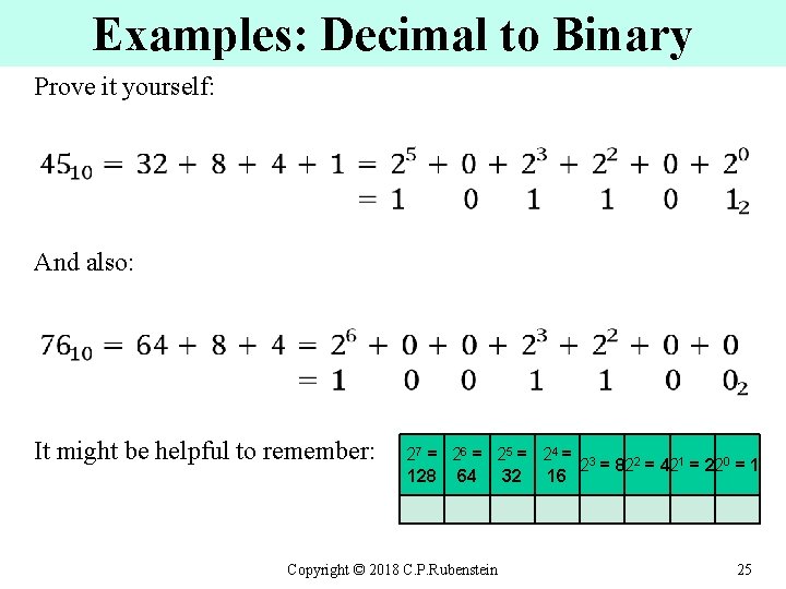 Examples: Decimal to Binary Prove it yourself: And also: It might be helpful to