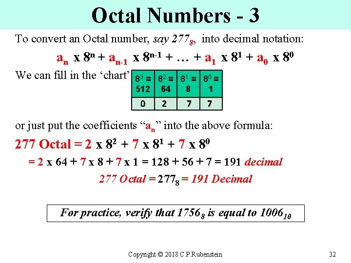 Octal Numbers - 3 To convert an Octal number, say 2778, into decimal notation: