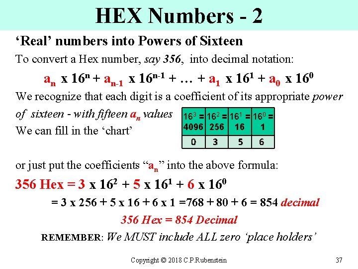 HEX Numbers - 2 ‘Real’ numbers into Powers of Sixteen To convert a Hex