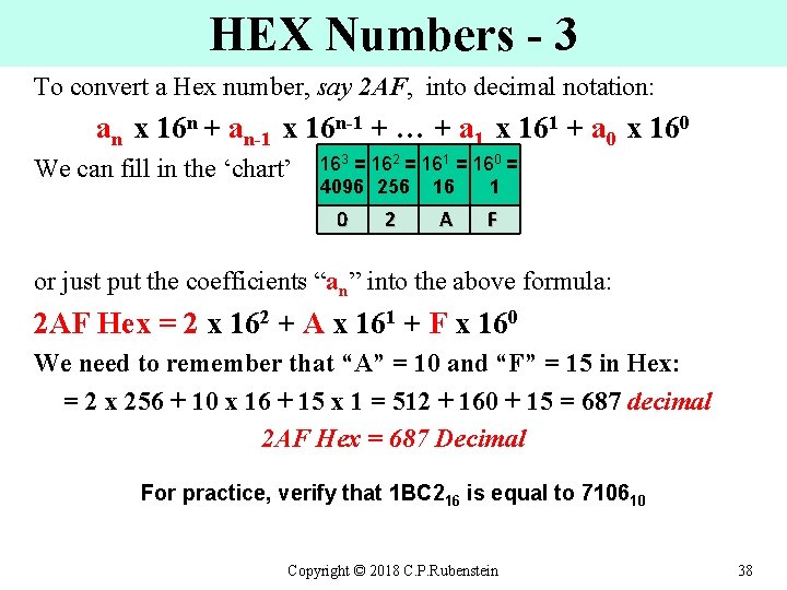 HEX Numbers - 3 To convert a Hex number, say 2 AF, into decimal