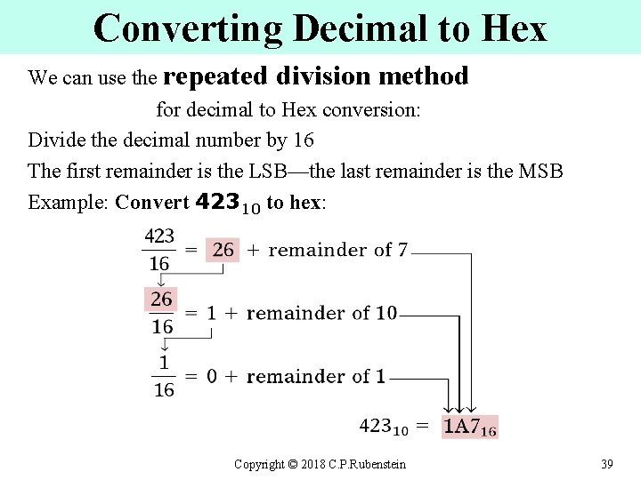 Converting Decimal to Hex We can use the repeated division method for decimal to