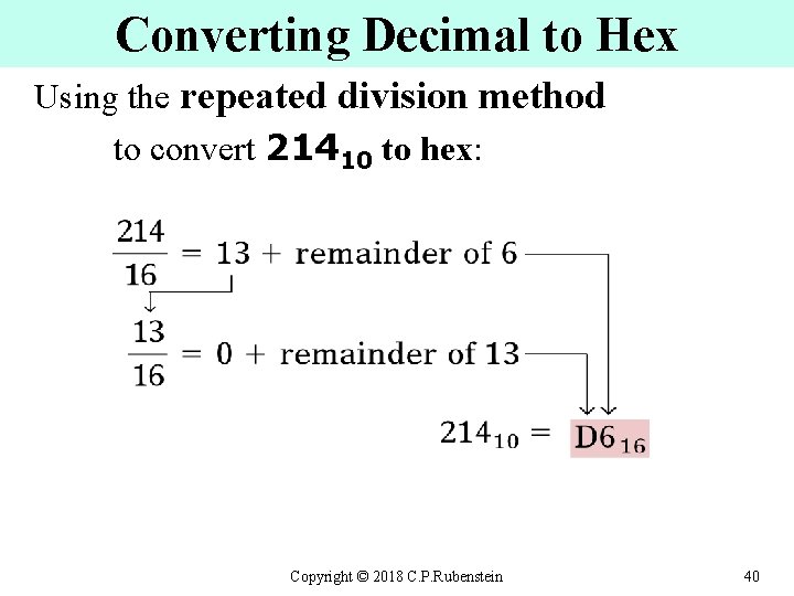 Converting Decimal to Hex Using the repeated division method to convert 21410 to hex: