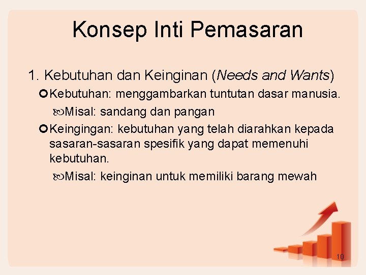 Konsep Inti Pemasaran 1. Kebutuhan dan Keinginan (Needs and Wants) Kebutuhan: menggambarkan tuntutan dasar