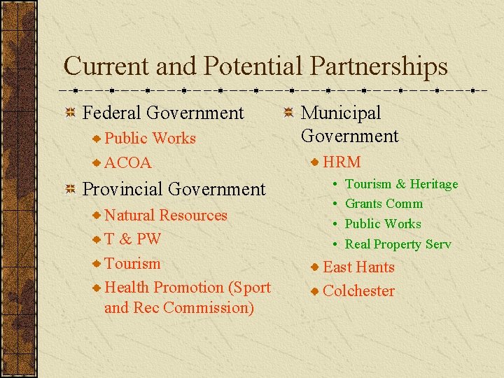 Current and Potential Partnerships Federal Government Public Works ACOA Provincial Government Natural Resources T