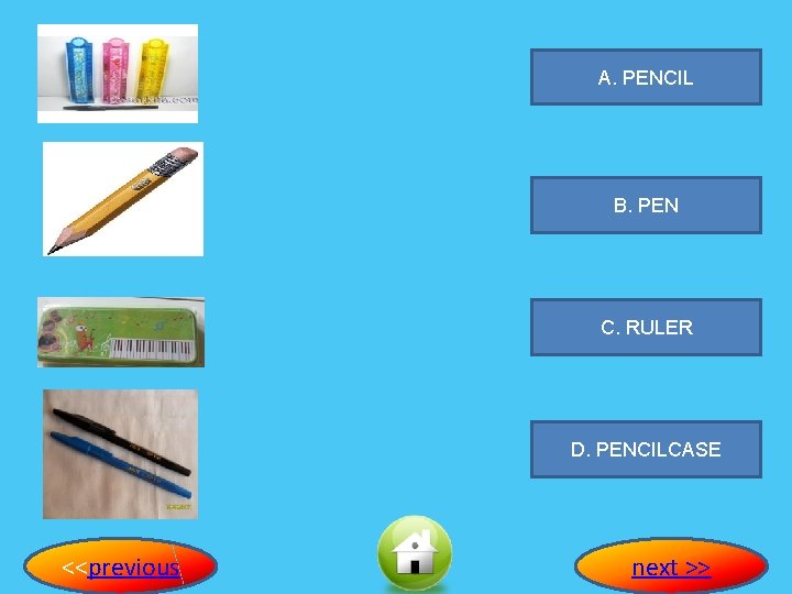 A. PENCIL B. PEN C. RULER D. PENCILCASE <<previous next >> 