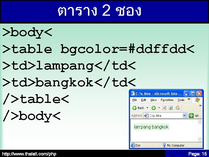 ตาราง 2 ชอง >body< >table bgcolor=#ddffdd< >td>lampang</td< >td>bangkok</td< />table< />body< http: //www. thaiall. com/php