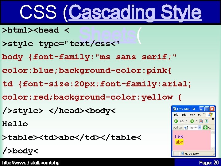 CSS (Cascading Style >html><head < Sheets( >style type="text/css<" body {font-family: "ms sans serif; "