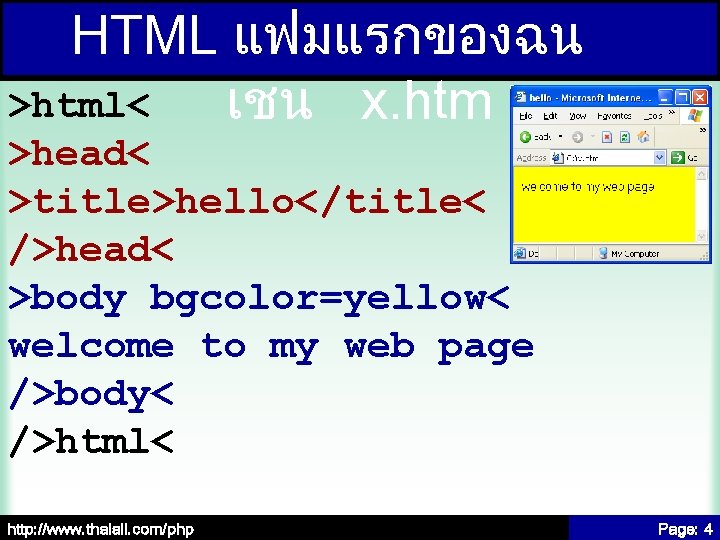 HTML แฟมแรกของฉน >html< เชน x. htm >head< >title>hello</title< />head< >body bgcolor=yellow< welcome to my