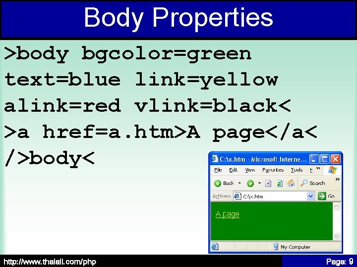 Body Properties >body bgcolor=green text=blue link=yellow alink=red vlink=black< >a href=a. htm>A page</a< />body< http: