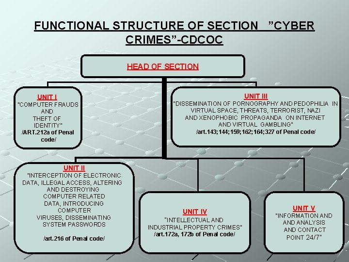 FUNCTIONAL STRUCTURE OF SECTION ”CYBER CRIMES”-CDCOC HEAD OF SECTION UNIT III UNIT I ”COMPUTER