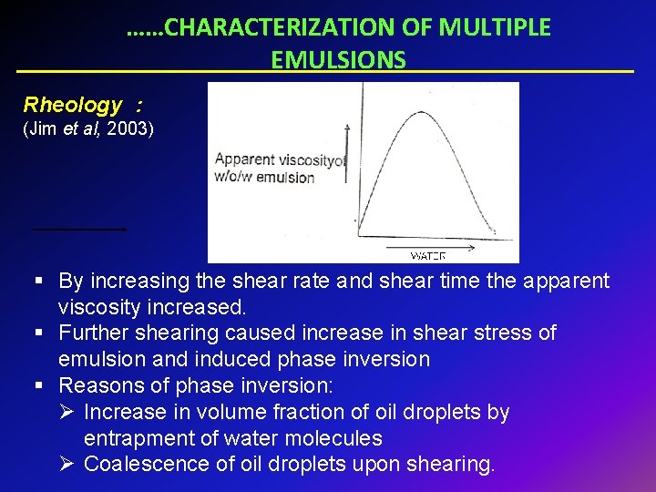 ……CHARACTERIZATION OF MULTIPLE EMULSIONS Rheology : (Jim et al, 2003) § By increasing the
