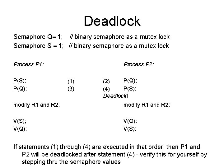 Deadlock Semaphore Q= 1; // binary semaphore as a mutex lock Semaphore S =