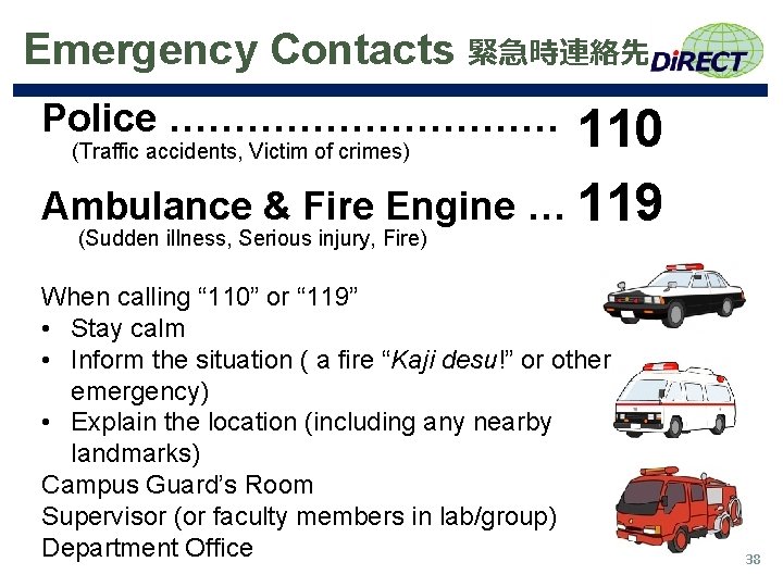 Emergency Contacts 緊急時連絡先 Police …………… 110 Ambulance & Fire Engine … 119 (Sudden illness,