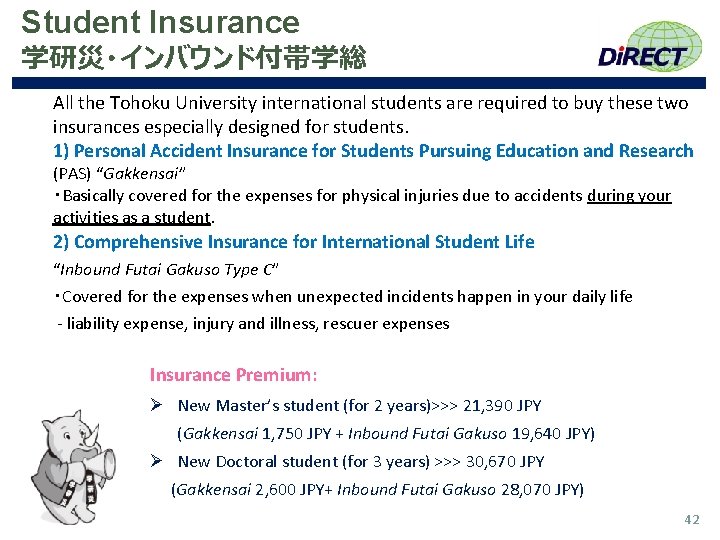 Student Insurance 学研災・インバウンド付帯学総 All the Tohoku University international students are required to buy these