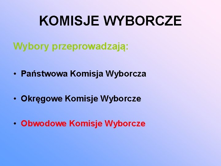 KOMISJE WYBORCZE Wybory przeprowadzają: • Państwowa Komisja Wyborcza • Okręgowe Komisje Wyborcze • Obwodowe