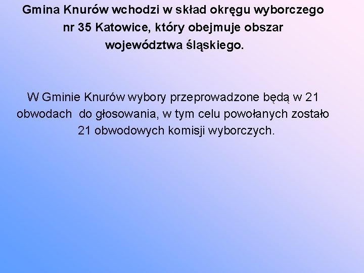 Gmina Knurów wchodzi w skład okręgu wyborczego nr 35 Katowice, który obejmuje obszar województwa