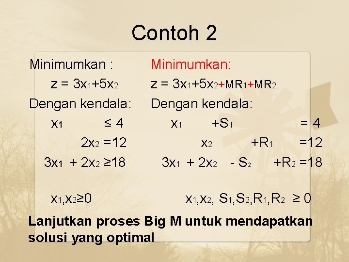 Contoh 2 Minimumkan : z = 3 x 1+5 x 2 Dengan kendala: x