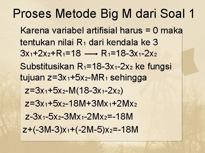 Proses Metode Big M dari Soal 1 Karena variabel artifisial harus = 0 maka
