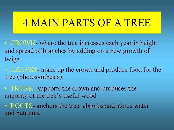4 MAIN PARTS OF A TREE • CROWN- where the tree increases each year
