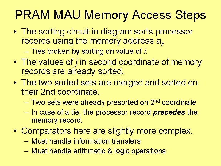 PRAM MAU Memory Access Steps • The sorting circuit in diagram sorts processor records