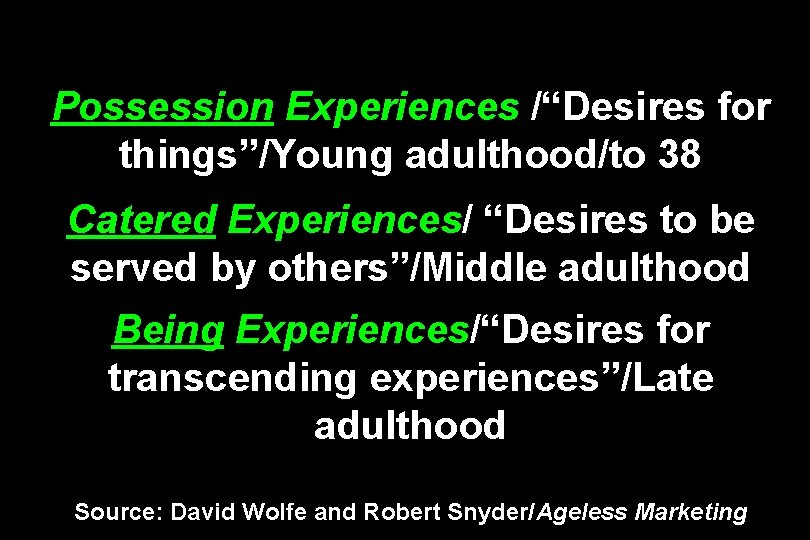 Possession Experiences /“Desires for things”/Young adulthood/to 38 Catered Experiences/ “Desires to be served by