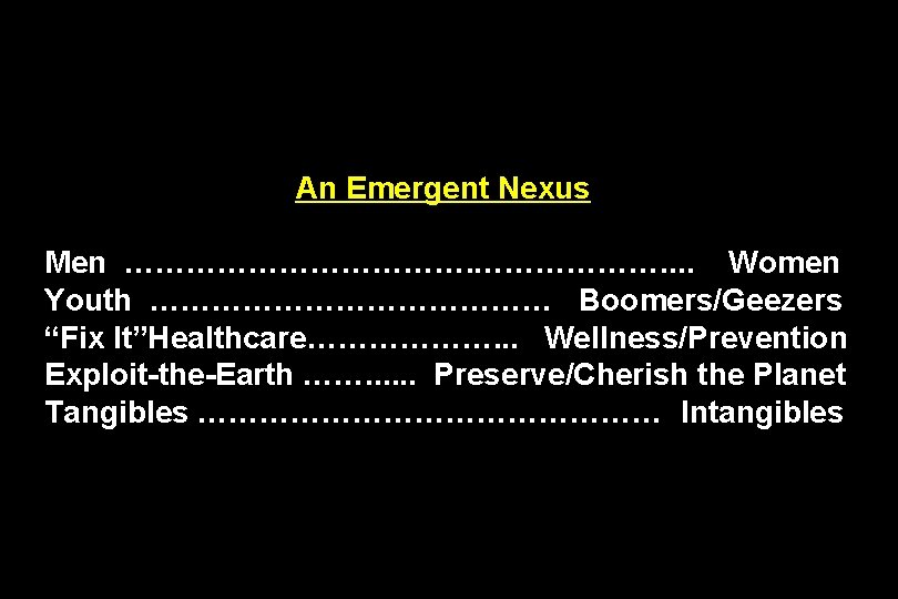 An Emergent Nexus Men ………………. . Women Youth ………………… Boomers/Geezers “Fix It”Healthcare………………. . .