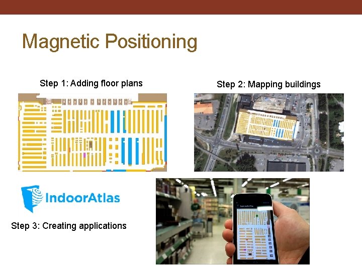 Magnetic Positioning Step 1: Adding floor plans Step 3: Creating applications Step 2: Mapping