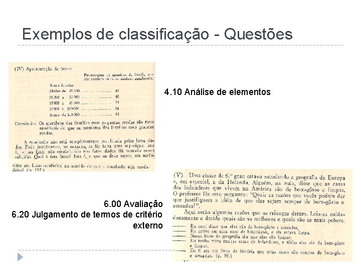 Exemplos de classificação - Questões 4. 10 Análise de elementos 6. 00 Avaliação 6.