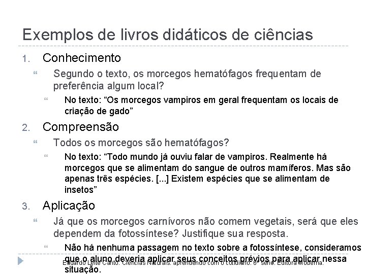 Exemplos de livros didáticos de ciências Conhecimento 1. Segundo o texto, os morcegos hematófagos