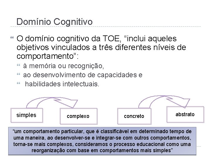 Domínio Cognitivo O domínio cognitivo da TOE, “inclui aqueles objetivos vinculados a três diferentes