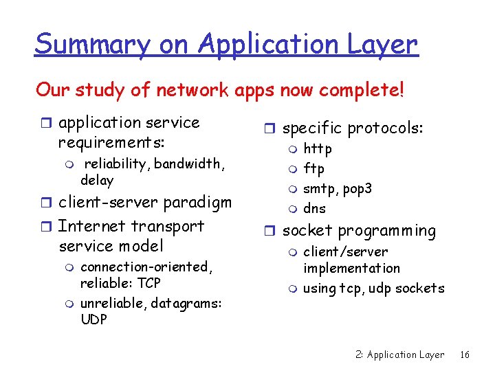 Summary on Application Layer Our study of network apps now complete! r application service