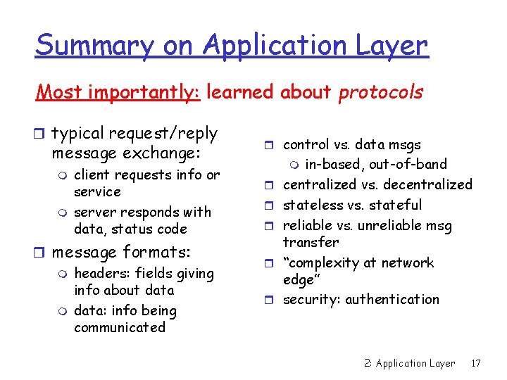 Summary on Application Layer Most importantly: learned about protocols r typical request/reply message exchange: