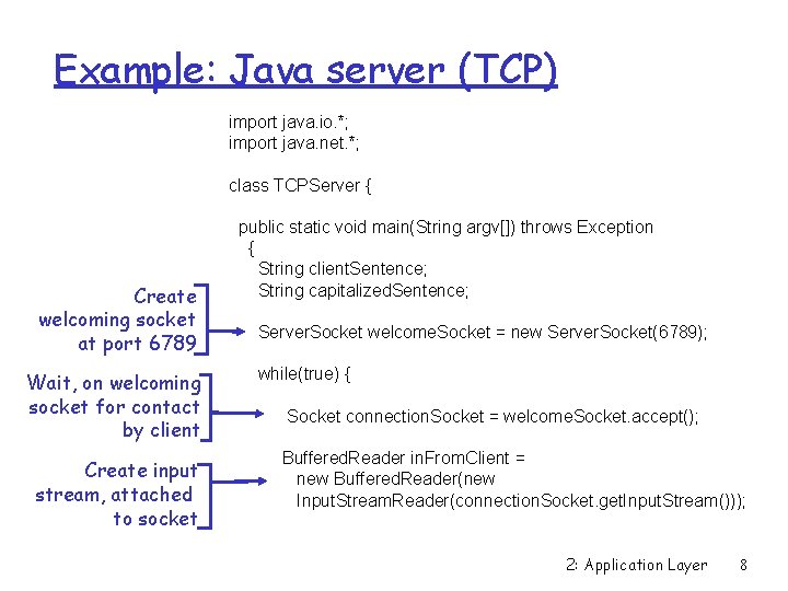 Example: Java server (TCP) import java. io. *; import java. net. *; class TCPServer