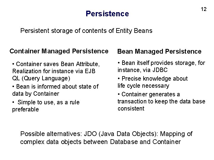 Persistence 12 Persistent storage of contents of Entity Beans Container Managed Persistence • Container